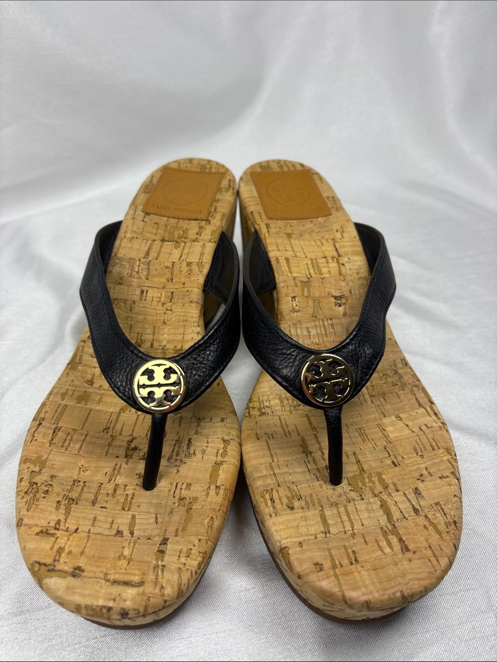 Tory Burch Black Leather Cork Wedge Thong Sandals with Gold Logo